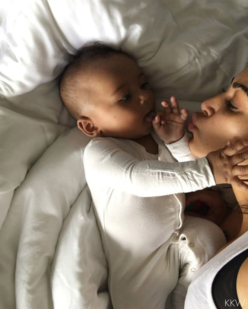 <p><a rel="nofollow" href="https://www.yahoo.com/celebrity/tagged/kim-kardashian/" data-ylk="slk:Kim Kardashian;elm:context_link;itc:0;sec:content-canvas" class="link ">Kim Kardashian</a> enjoyed a bedtime snuggle with her main man (other than <a rel="nofollow" href="https://www.yahoo.com/celebrity/tagged/kanye-west/" data-ylk="slk:Kanye West;elm:context_link;itc:0;sec:content-canvas" class="link ">Kanye West</a>), <a rel="nofollow" href="https://www.yahoo.com/celebrity/tagged/saint-west/" data-ylk="slk:Saint West;elm:context_link;itc:0;sec:content-canvas" class="link ">Saint West</a>, 1. (Photo: <a rel="nofollow noopener" href="https://www.kimkardashianwest.com/behind-the-scenes/1638-happy-birthday-saint-west/" target="_blank" data-ylk="slk:Kim Kardashian via KimKardashian.com;elm:context_link;itc:0;sec:content-canvas" class="link ">Kim Kardashian via KimKardashian.com</a>) </p>