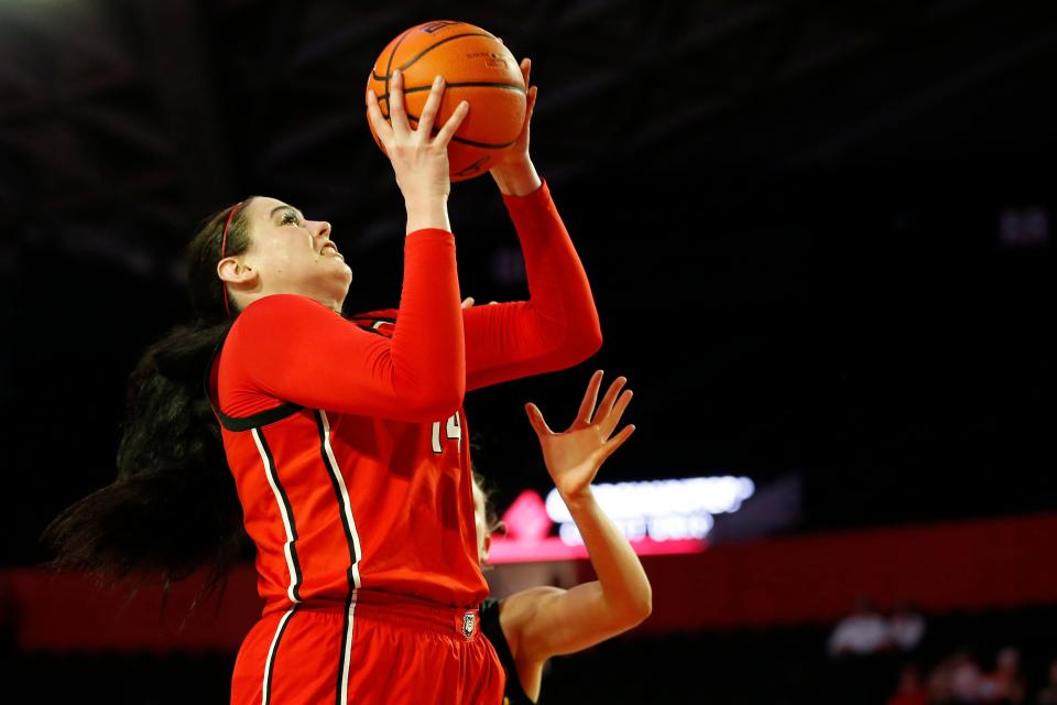 Georgia center Jenna Staiti (14) takes a shot during a game against Missouri on Thursday in Athens, Ga.