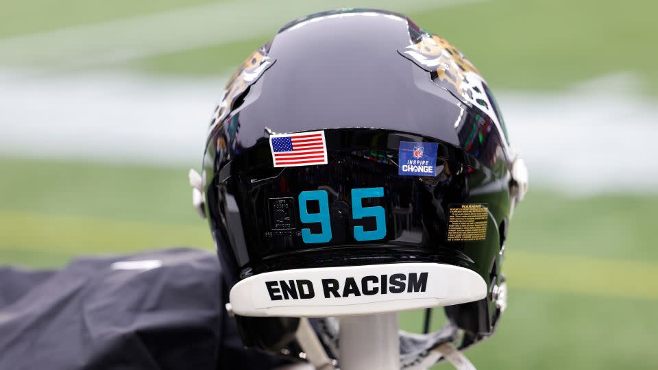 An "End Racism" message on the back of Jaguars helmet during a game between the New England Patriots and the Jacksonville Jaguars on January 2, 2022. - Fred Kfoury III/Icon Sportswire via Getty Images