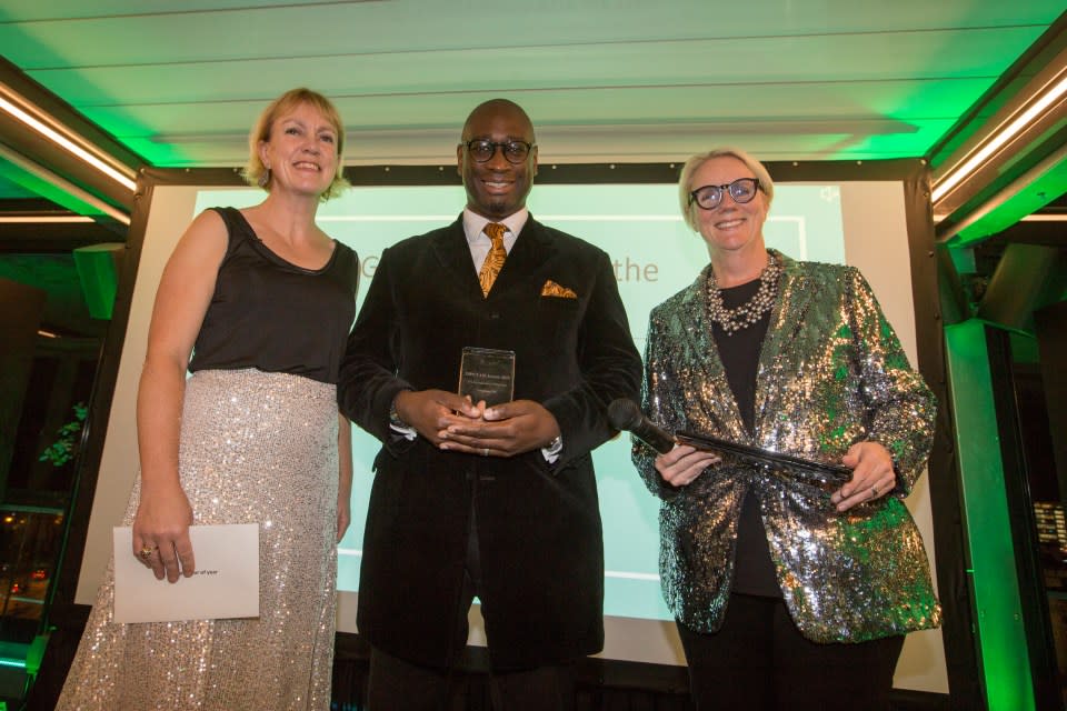 Entrepreneur of the Year Award sponsored by Tide Bank goes to Joel Blake OBE . From left to right Heather Cobb of Tide Bank and Joel Blake OBE host Julia Streets