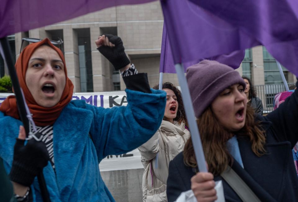 Women's rights supporters protest in Istanbul, Turkey, on April 5, 2023. In 2006, Turkey was ranked 105th in the World Economic Forum's Global Gender Gap survey. By 2022, Turkey had fallen to 124th.