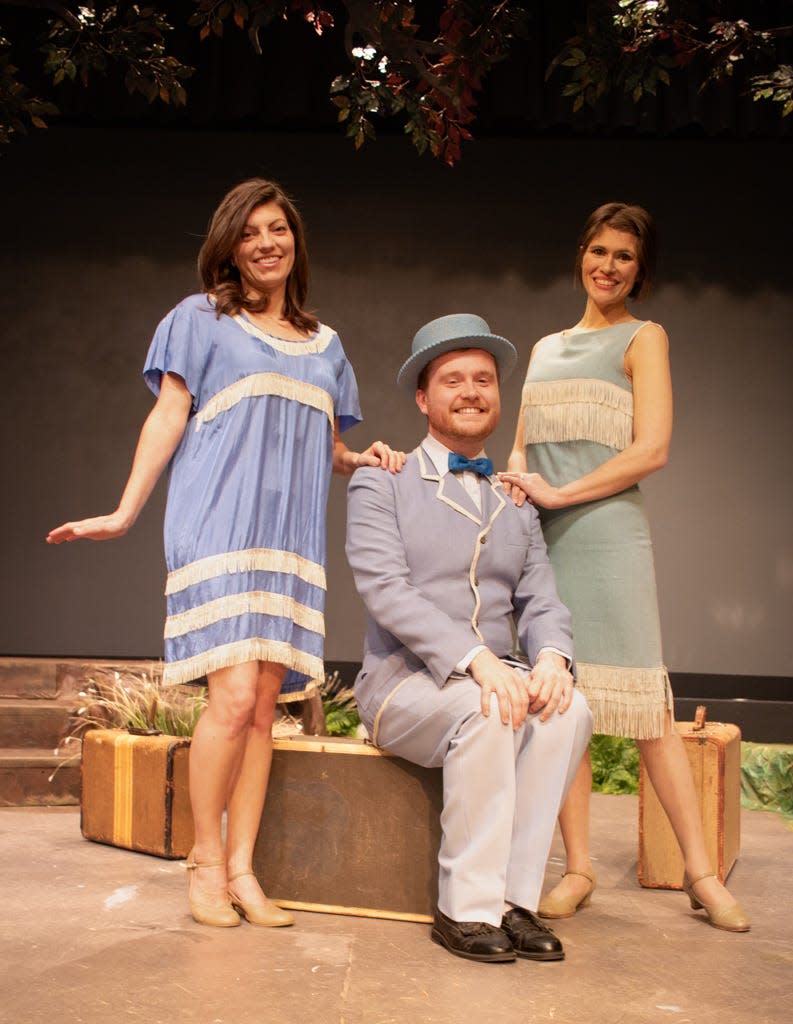 Lady Bird 1 (Deborah Miller, left) and Lady Bird 2 (Kelsey Crump) surround Snail (Matthew Manley, center) in Elkhart Civic Theatre’s production of the family musical "A Year with Frog and Toad," which opens April 7 and continues through April 16, 2023, at the Bristol Opera House.
