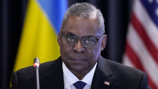 PHOTO: U.S. Defense Secretary Lloyd Austin is pictured during the meeting of the 'Ukraine Defense Contact Group' at Ramstein Air Base in Ramstein, Germany, April 21, 2023. (Matthias Schrader/AP)