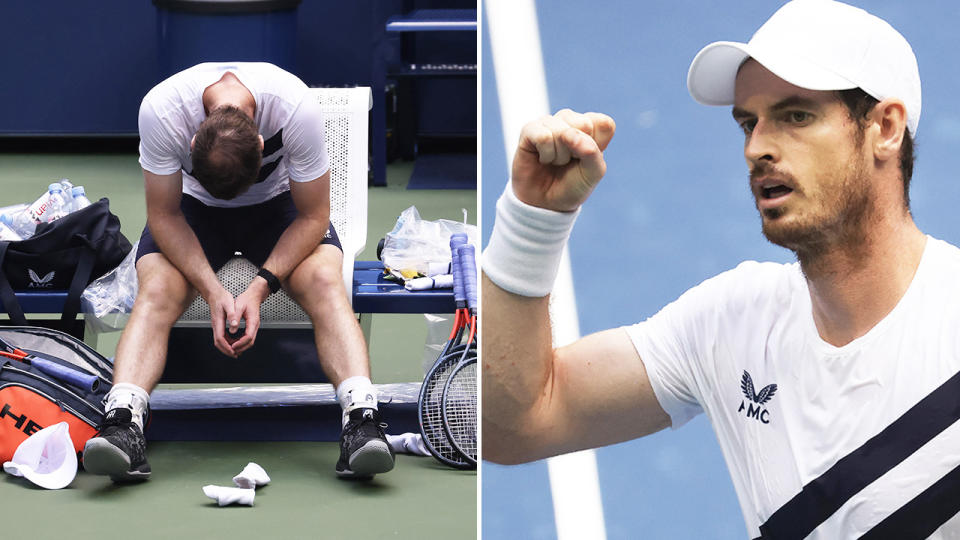 Andy Murray (pictured left) looking dejected and tired and (pictured right) celebrating with a fist-pump.