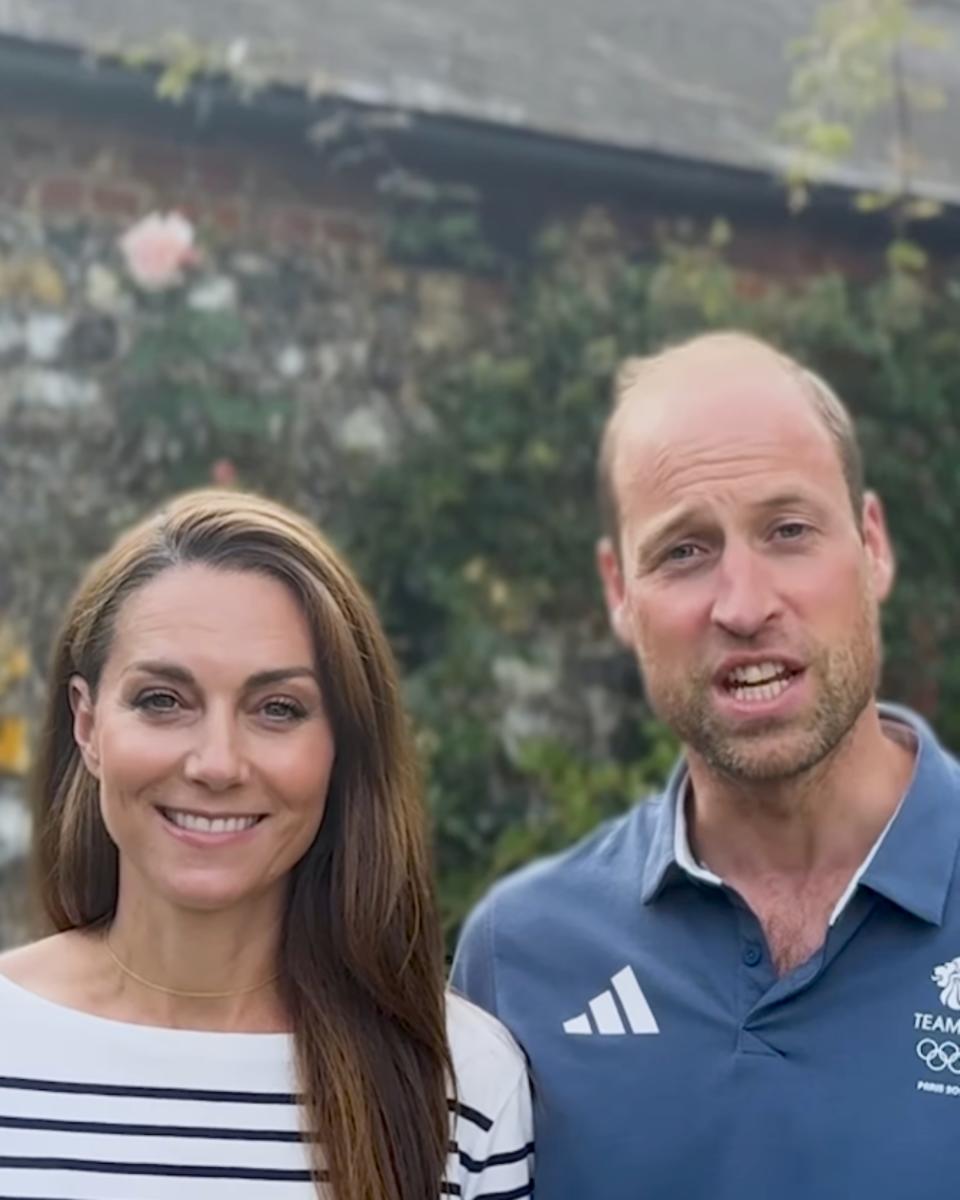 Kate Middleton in a Ralph Lauren top and Prince William in a video congratulating Team Great Britain after the Olympics on Aug. 11.