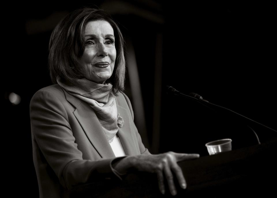 House Speaker Nancy Pelosi takes a question from a reporter during a news conference on Capitol Hill in Washington, D.C., on April 24, 2020.