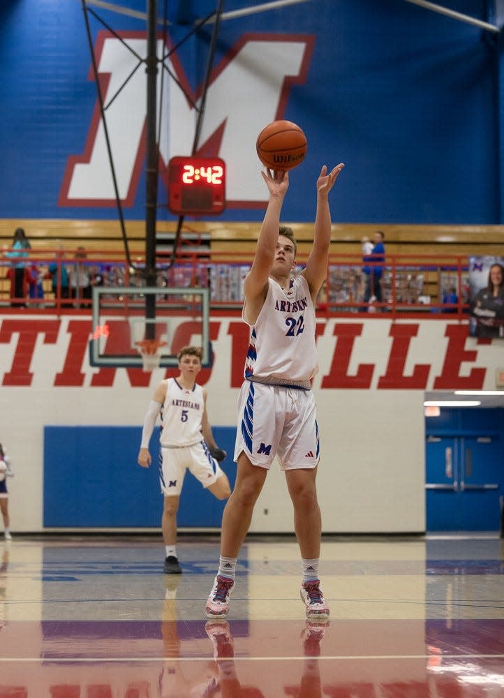 Martinsville's Grady Gardner shoots a free throw during the Artesians' matchup with Whiteland on Feb. 17, 2023.