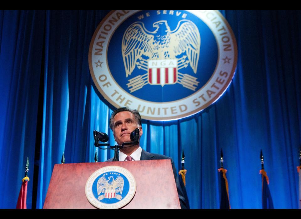 RENO, NV - SEPTEMBER 11:  Republican presidential candidate, former Massachusetts Gov. Mitt Romney addresses the crowd at the 134th National Guard Association Convention at the Reno-Sparks Convention Center, September 11, 2012 in Reno, Nevada. Romney was criticized for failing to mention the war in Afghanistan, and troops serving abroad in his keynote address at the Republican National Convention in Tampa, Florida. (Photo by David Calvert/Getty Images)
