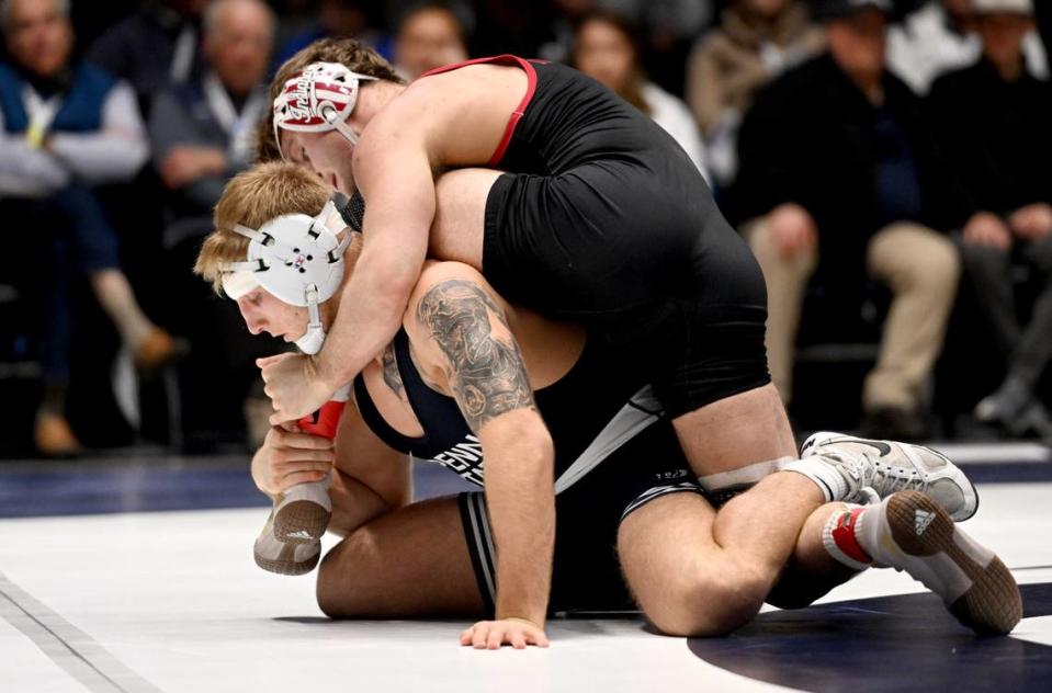 Penn State’s Josh Barr wrestles Indiana’s Roman Rogotzke in the 184 lb bout of the match on Sunday, Jan. 14, 2024 at Rec Hall.