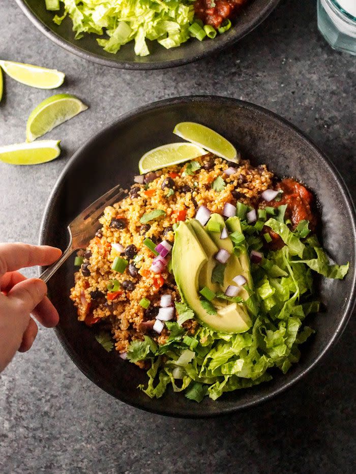 <p>Chipotle, who?</p><p>Get the recipe from <a href="https://detoxinista.com/instant-pot-vegan-quinoa-burrito-bowls/" rel="nofollow noopener" target="_blank" data-ylk="slk:Detoxinista;elm:context_link;itc:0;sec:content-canvas" class="link ">Detoxinista</a>. </p>