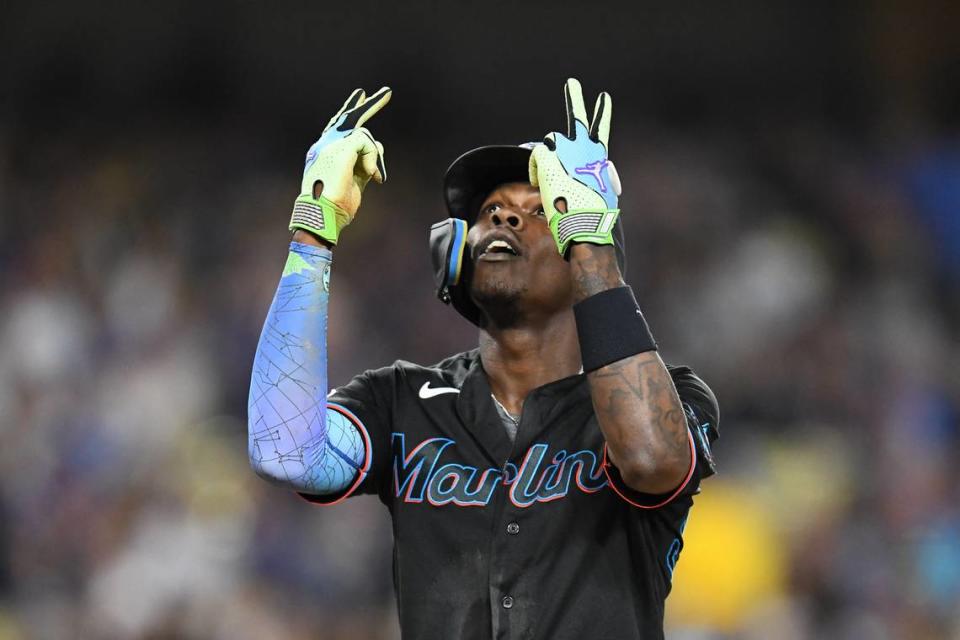 Aug 18, 2023; Los Angeles, California, USA; Miami Marlins center fielder Jazz Chisholm Jr. (2) celebrates after hitting a three-run home run against the Los Angeles Dodgers during the fourth inning at Dodger Stadium.