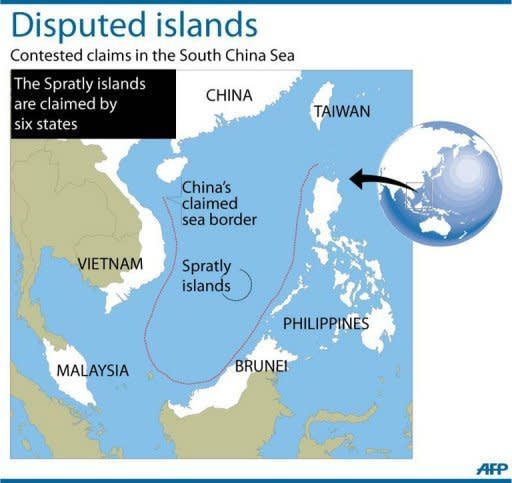 Graphic showing disputed claims in the South China Sea, where the Spratly islands are claimed by six states