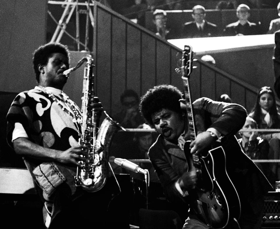 Sanders (left) on stage with Sonny Sharrock in Berlin in 1968Philippe Gras/Le Pictorium/Shutterstock