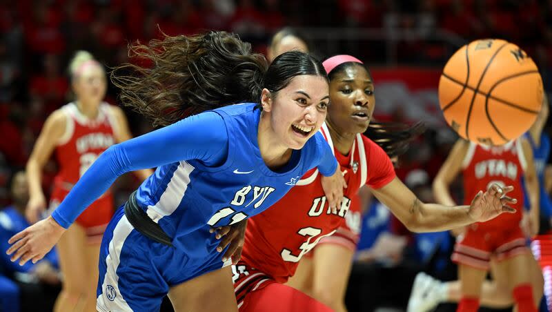 BYU guard Kaylee Smiler (11) chases a loose ball during game at the Huntsman Center in Salt Lake City on Saturday, Dec. 2, 2023.