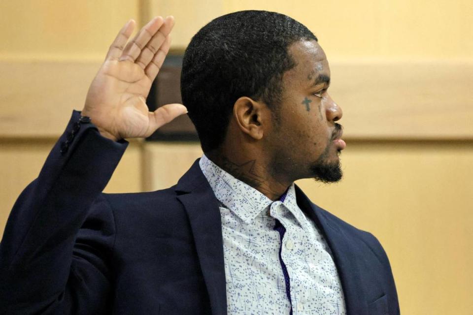 Suspected shooting accomplice Dedrick Williams is sworn in to testify about who he saw in the hallway when he and suspected shooting accomplice Trayvon Newsome were brought into the courtroom via the front entrance while shackled. Williams alleges that at least one juror saw him in shackles. This was before the start of day two of closing arguments in the XXXTentacion murder trial at the Broward County Courthouse in Fort Lauderdale on Wednesday, March 8, 2023. Emerging rapper XXXTentacion, born Jahseh Onfroy, 20, was killed during a robbery outside of Riva Motorsports in Deerfield Beach in 2018 allegedly by defendants Michael Boatwright, Trayvon Newsome and Dedrick Williams.