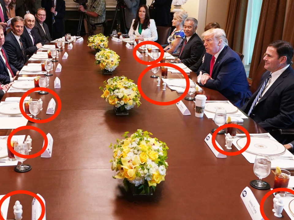 US President Donald Trump (R-center) speaks during a working lunch with governors on workforce freedom and mobility in the Cabinet Room of the White House in Washington, DC on June 13, 2019.