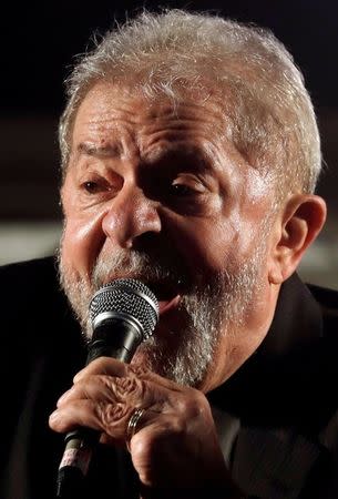 Former Brazilian President Luiz Inacio Lula da Silva gestures as he attends a protest against his conviction on corruption charges in Sao Paulo, Brazil July 20, 2017. REUTERS/Paulo Whitaker