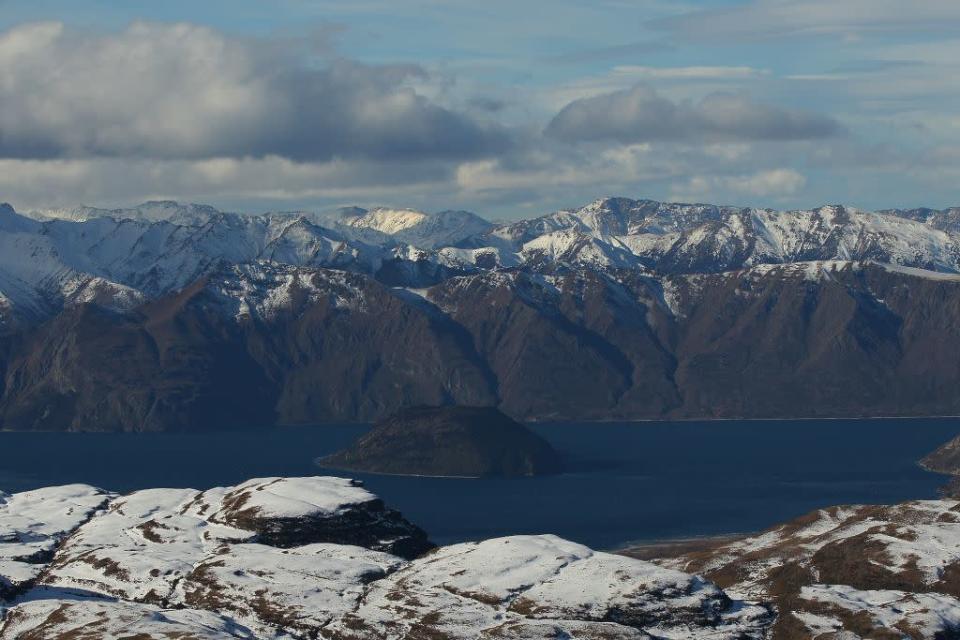 The view overlooking Lake Wanaka from Treble Cone ski resort in Wanaka, New Zealand.