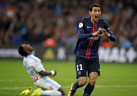 Football Soccer - Olympique Marseille v Paris St Germain - French Ligue 1 - Velodrome stadium, 07/02/2016, Paris St Germain's Angel Di Maria reacts after scoring against Olympique Marseille. REUTERS/Jean-Paul Pelissier