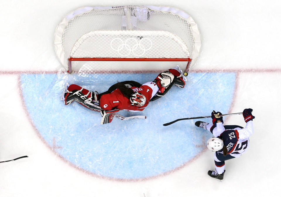 Alex Carpenter #25 of United States shoots and scores against Shannon Szabados #1 of Canada in the third period during the Ice Hockey Women's Gold Medal Game on day 13 of the Sochi 2014 Winter Olympics at Bolshoy Ice Dome on February 20, 2014 in Sochi, Russia.