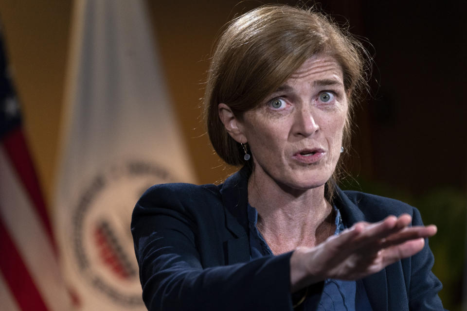 USAID Administrator Samantha Power is interviewed by the Associated Press, Thursday, Aug. 4, 2022, at USAID Headquarters in Washington. (AP Photo/Jacquelyn Martin)