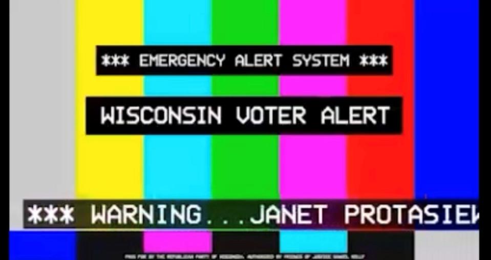 A video advertisement from the Republican Party of Wisconsin and authorized by the campaign of Wisconsin Supreme Court candidate Dan Kelly uses emergency alert sounds.