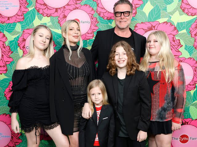 <p>Stefanie Keenan/Getty</p> Stella Spelling, Tori Spelling, Beau Spelling, Dean McDermott, Finn Spelling and Hattie Spelling in 2023.