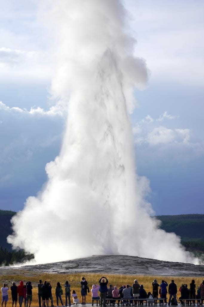 The Old Faithful geyser shoots high into the air at Yellowstone National Park on Sept 16, 2019, in Mammoth Hot Springs, Wyoming.