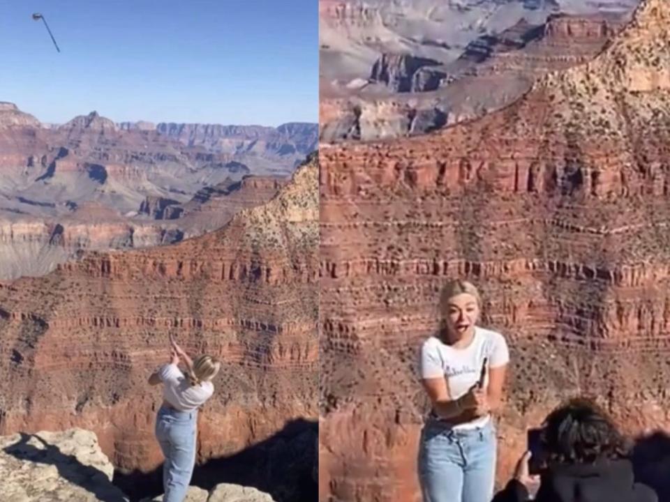 girl hitting golf balls in the grand canyon