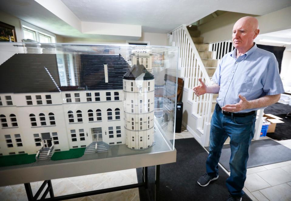 Harold Moody talks about his replica Springfield Historic City Hall made entirely of Lego bricks in the basement of his home on Tuesday, July 11, 2023.