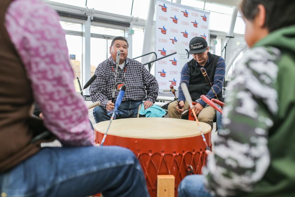 Artists perform on a drum at the Oklahoma City "Warrior Up to Vote" rally at the First Americans Museum.