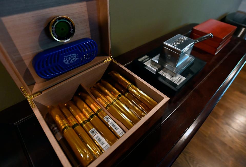 A box of Perdoma 10th anniversary champagne cigars in Rick McKinley’s cigar room Monday, April, 22, 2024, in Franklin, Tenn.