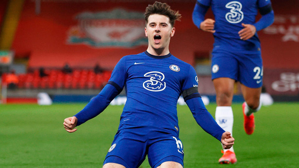 Pictured here, Chelsea's Mason Mount celebrates his winning goal at Liverpool.