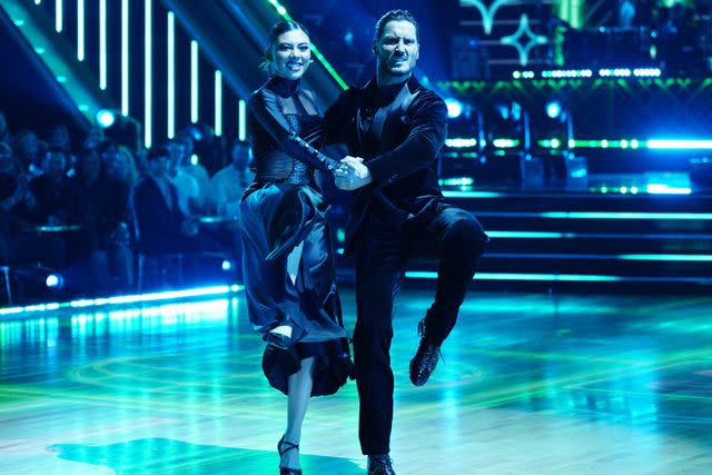 <p>Willard/Disney via Getty</p> Xochitl Gomez and Val Chmerkovskiy earned the first perfect score of the season.