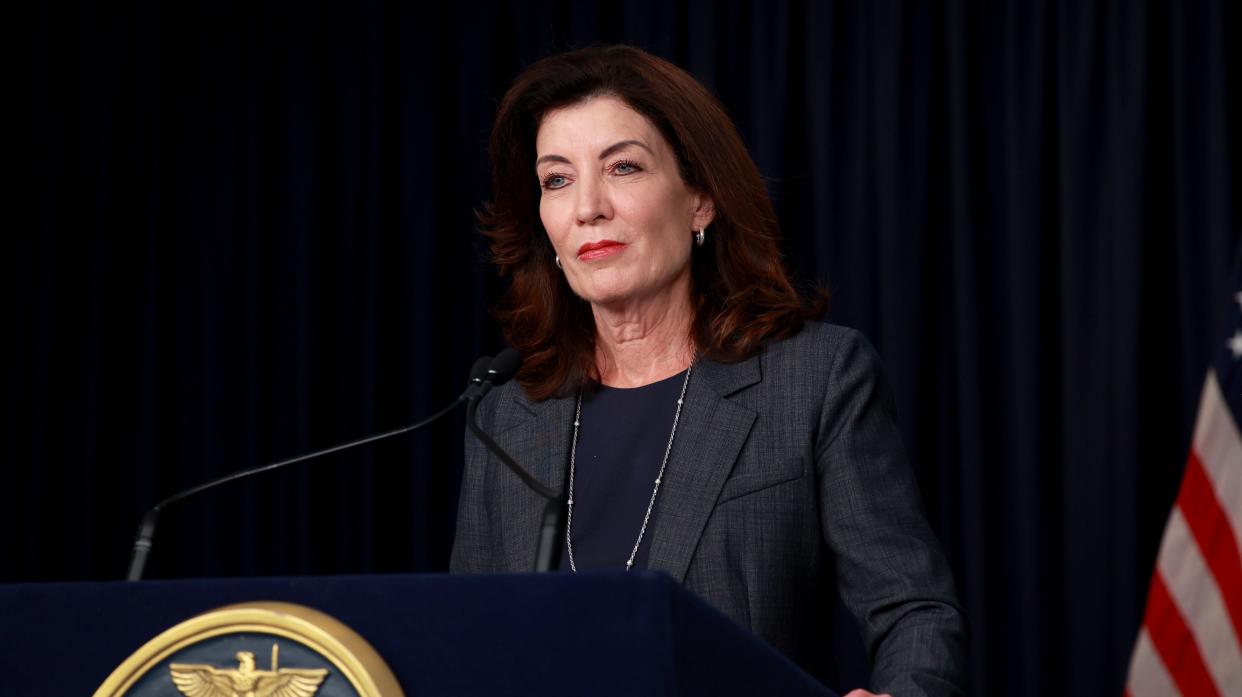 New York Governor Kathy Hochul is pictured during a press conference at her offices in Midtown Manhattan, New York on Sept. 19, 2022.