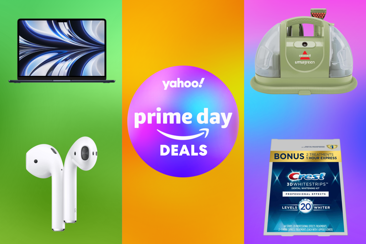 MacBook, Apple AirPods, Bissell Little Green, Crest Whitestrips and a badge that reads: Yahoo! Prime Day Deals