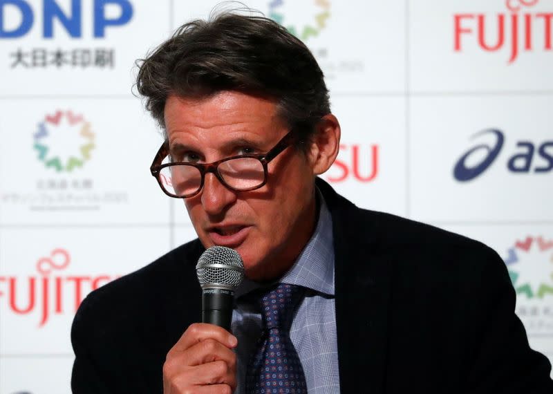 World Athletics President Coe attends a news conference after the Hokkaido-Sapporo Marathon Festival 2021