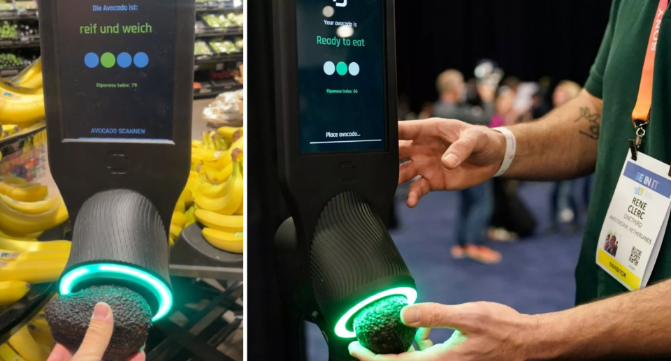 Images of the avocado ripeness checker with people holding avocados up to it for scanning. 