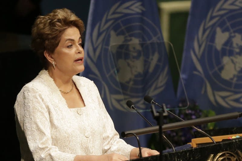 Brazilian President Dilma Rousseff speaks at the Paris Agreement on climate change meeting at the headquarters of the United Nations in New York City on April 22, 2016. On August 31, 2016, Brazil's Federal Senate voted 61-20 in favor of removing Rousseff from the presidency over accusations she broke budget laws. File Photo by John Angelillo/UPI