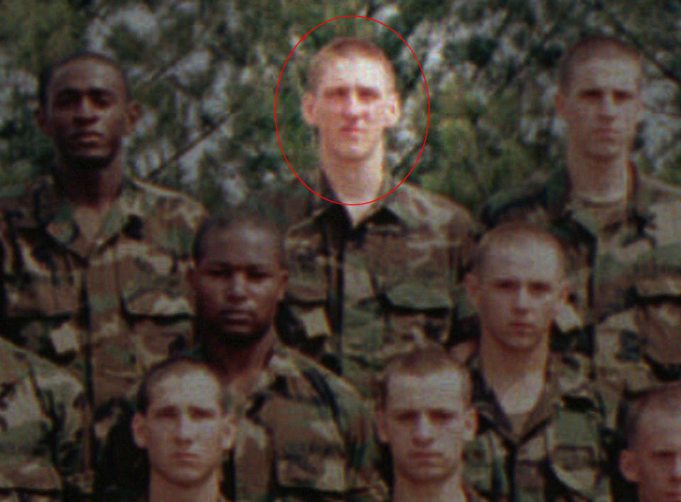 Timothy McVeigh, top center, poses with members of his platoon during a break in infantry training at Ft. Benning, Georgia, June 3, 1988. McVeigh would go on to carry out a bombing in Oklahoma City in 1995, killing 168 people. (Photo: AP)