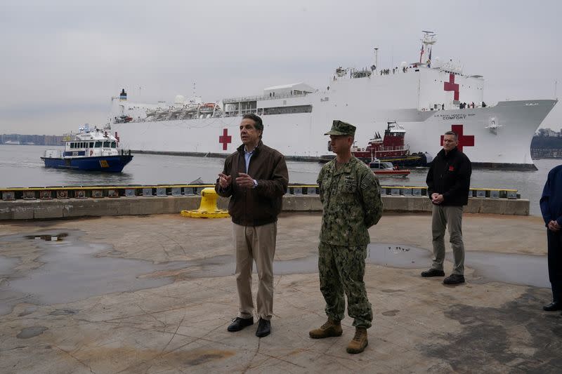 New York governor Andrew Cuomo speaks as the USNS Comfort pulls into a berth in Manhattan during the outbreak of coronavirus disease (COVID-19), in the Manhattan borough of New York City