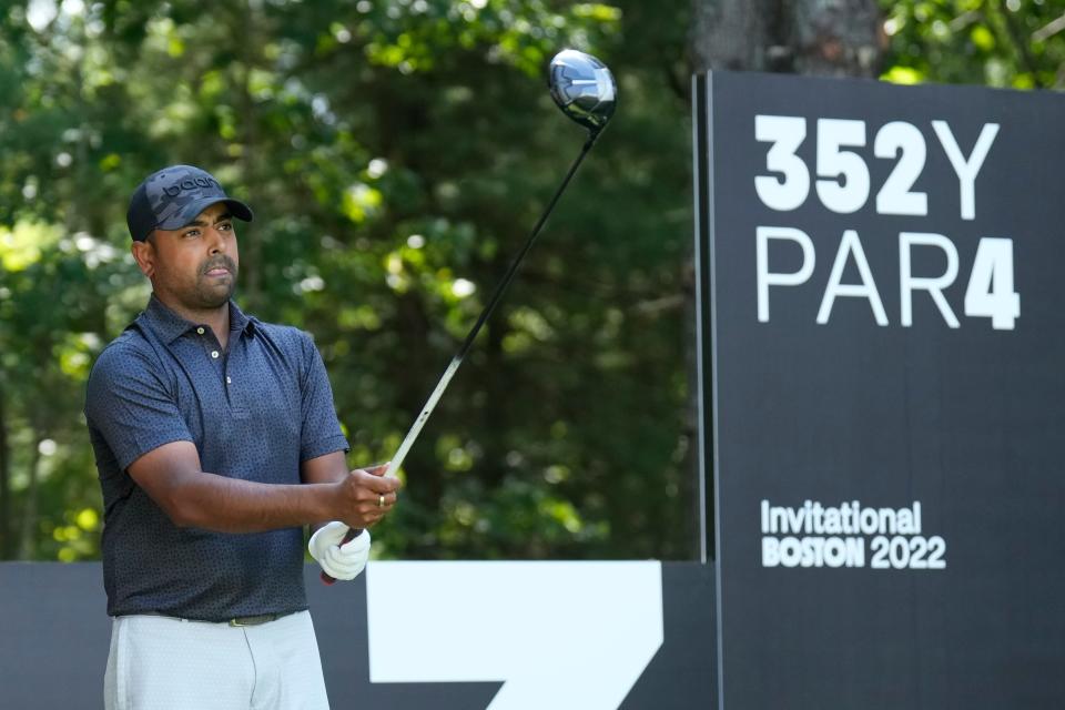 Anirban Lahiri lines up a tee shot on the 3rd hole during the final round of the LIV Golf tournament Sunday in Boston.