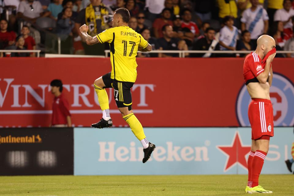May 18, 2024; Chicago, Illinois, USA; Columbus Crew forward Christian Ramirez (17) reacts after scoring a goal against the Columbus Crew during the first half at Soldier Field. Mandatory Credit: Mike Dinovo-USA TODAY Sports