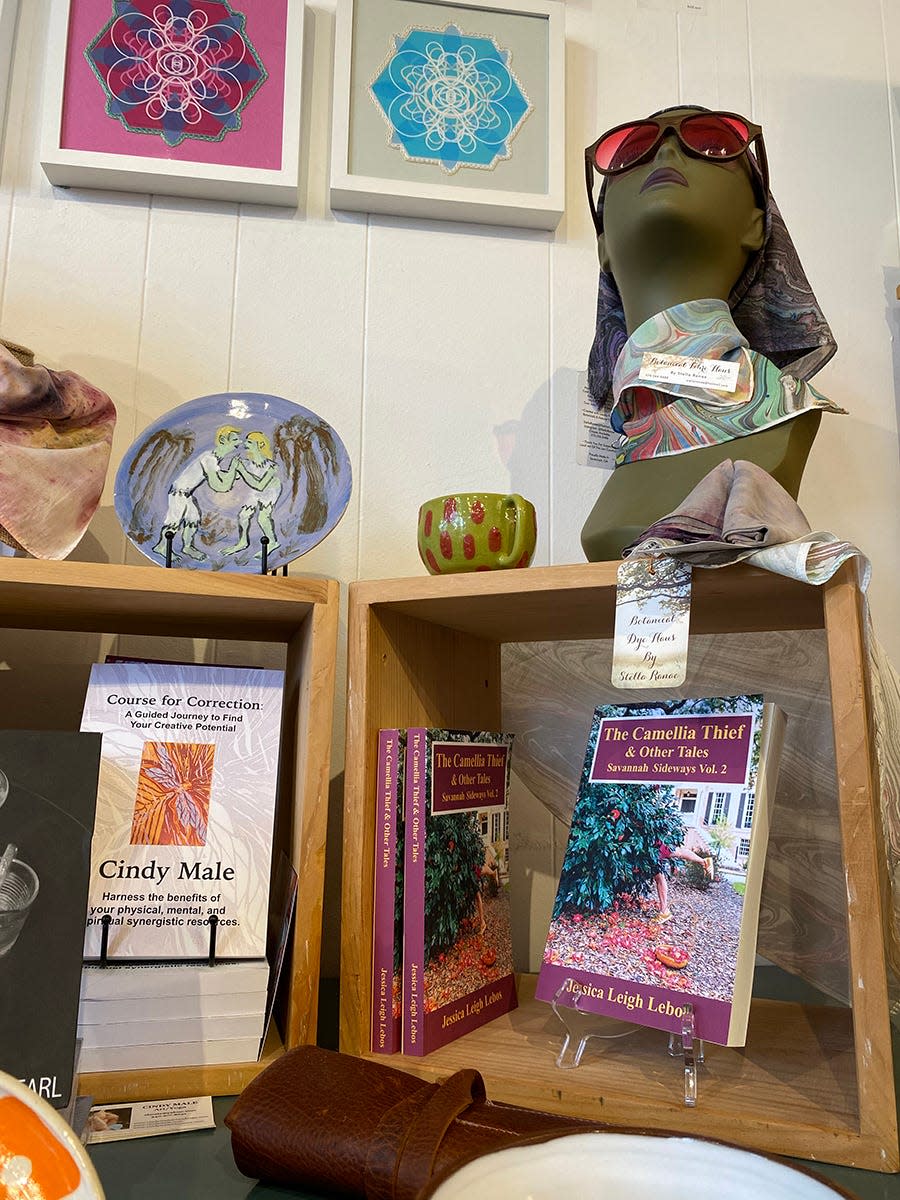 The Sulfur Shop features books by Cindy Male and Jessica Leigh Lebos, as well as art by Samantha Mack (Top).