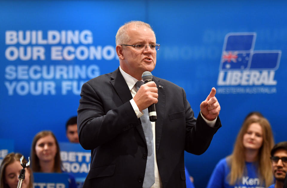 Prime Minister Scott Morrison at the West Australian Liberal Party campaign rally in Perth ahead of the federal election. (AAP Image/Mick Tsikas) 