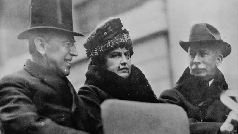 First lady Edith Wilson, center, and President Woodrow Wilson, left, arrive in New York October 11, 1918 to take part in the Liberty Day Parade.