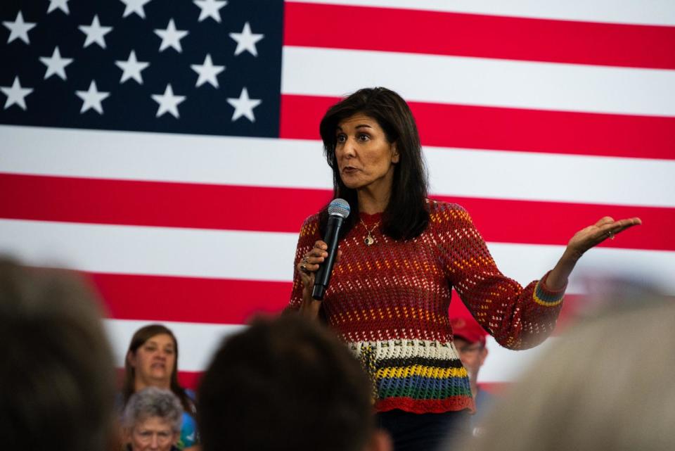 PHOTO: Republican presidential candidate former U.N. Ambassador Nikki Haley speaks in front of a couple of hundred people in Clive, Iowa, on Oct. 1. (Nicholas Kerr/ABC News)