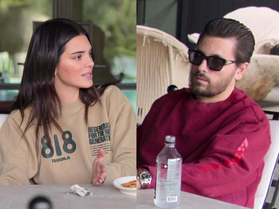 left; kendall jenner sitting at an outdoor table wearing an 818 tequila sweatshirt, looking to her left; right: scott disick sitting at the same outdoor table wearing sunglasses and a red sweatshirt