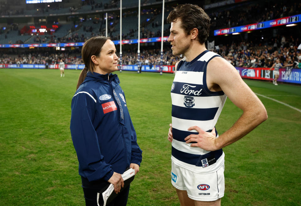 MELBOURNE, AUSTRALIA - JUNE 03: Daisy Pearce, Assistant Coach of the Cats and Isaac Smith of the Cats celebrate during the 2023 AFL Round 12 match between the Western Bulldogs and the Geelong Cats at Marvel Stadium on June 3, 2023 in Melbourne, Australia. (Photo by Michael Willson/AFL Photos via Getty Images)