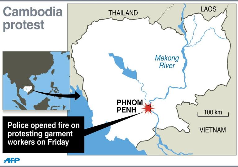 Map of Cambodia locating Phnom Penh, where police opened fire on protesting garment workers on Friday